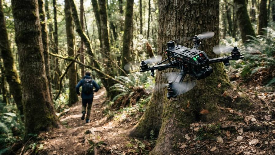 An autonomous drone follows a person through a forest with no GPS or cloud