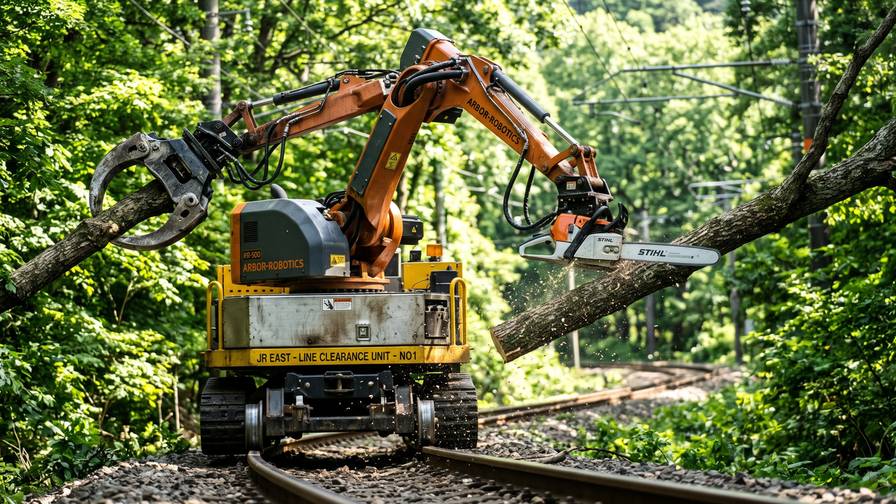 Chainsaw robot clears branches over Japanese rail line by day